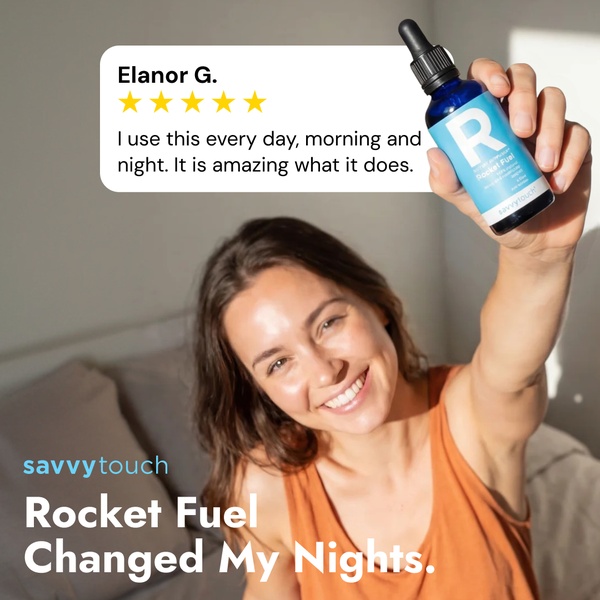 A square-format ad creative featuring a smiling customer holding the skin care serum bottle with a bold five-star review overlay.